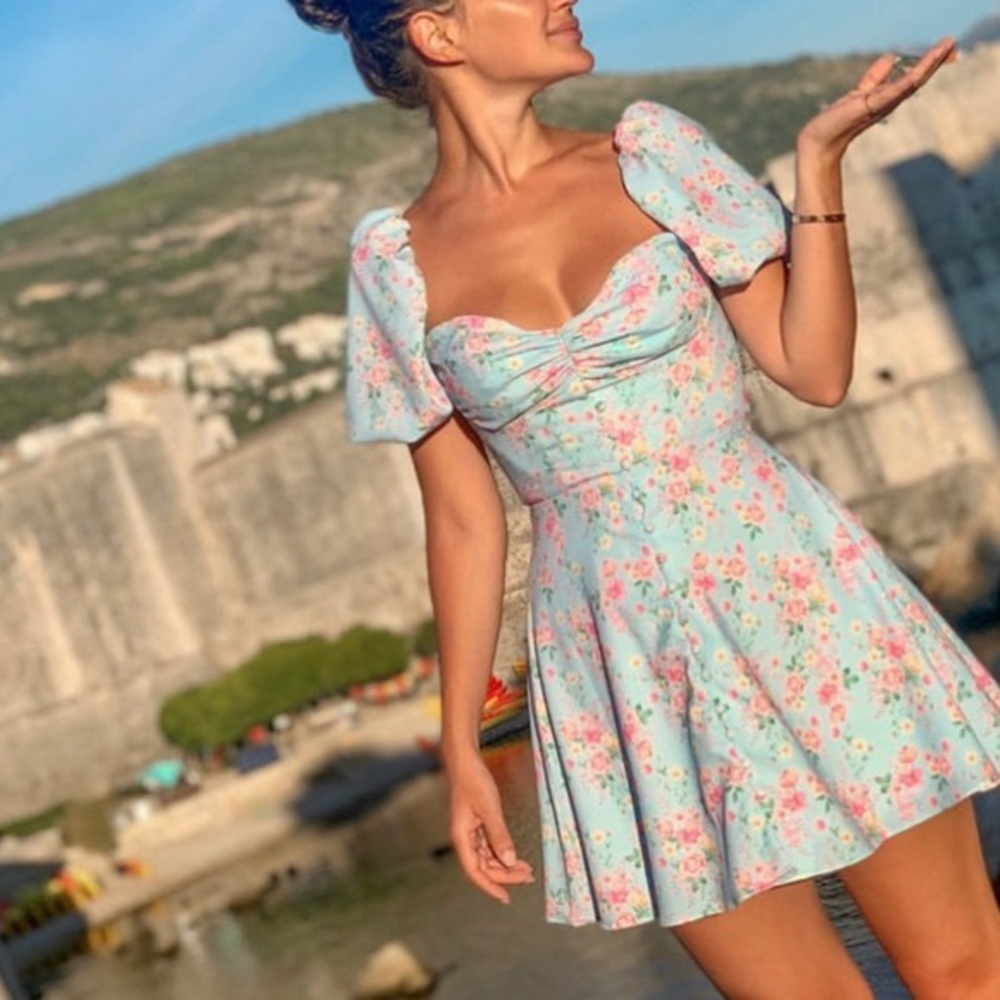 house of cb dress blue foral mini sundress